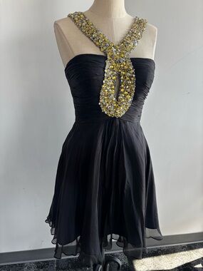 Sherri Hill Black Strapless Dress with Yellow Crystal Neck Detail
